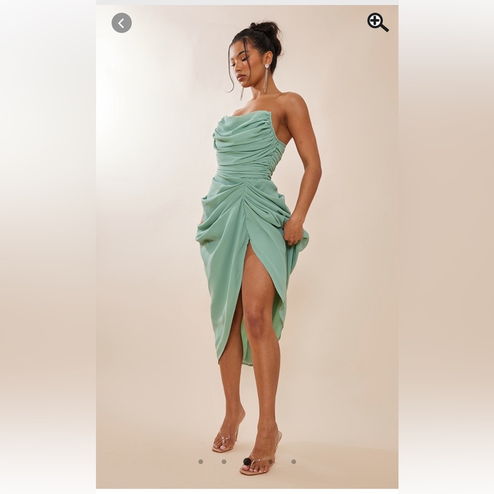 Sage green chiffon corset bandeau draped midi dress!